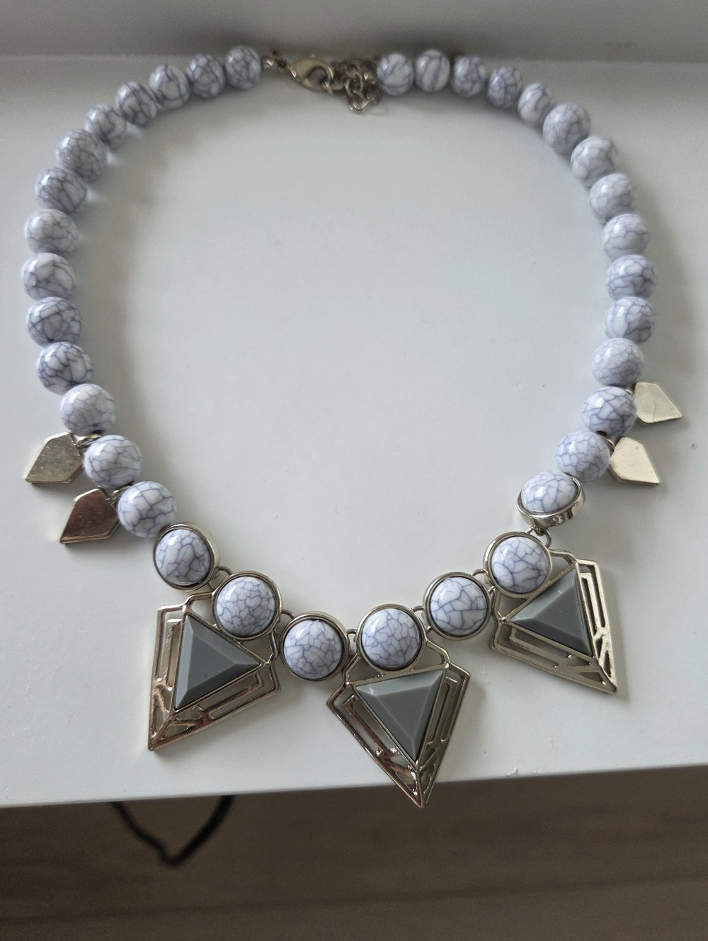 White Marbled Bead Statement Necklace with Geo Accents